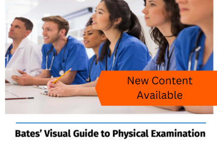 Four students in blue scrubs with the text: New Content Available on an orange background