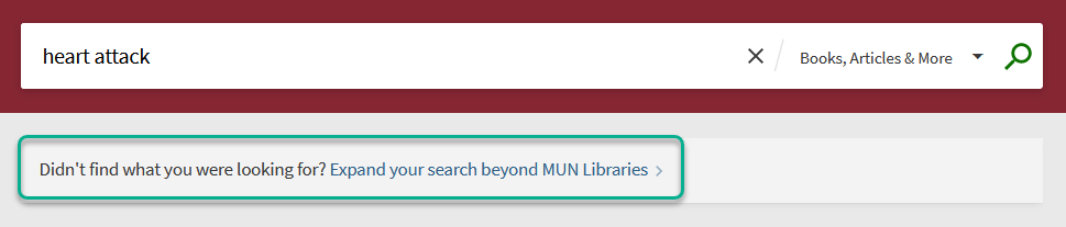 Screenshot highlighting the option to expand search results beyond MUN libraries, which appears under the search bar after running a search